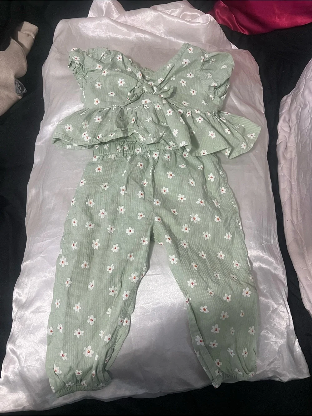 Mayoral Sage Green Floral Jumpsuit Set with Tie Front